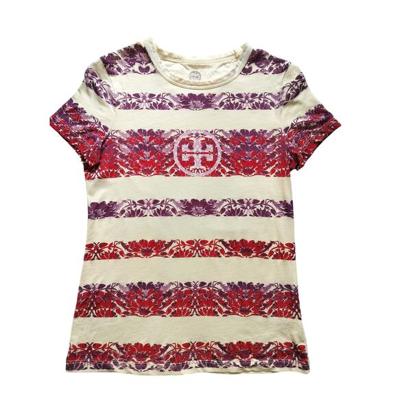 Tory Burch Tops - Tory Burch womens cream T-shirt printed logo front size XS
